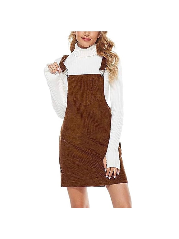 Women's Cute Corduroy Overall Bib Dress Pinafore Suspender Dress Skirt Jumper Dress with Pockets Brown M