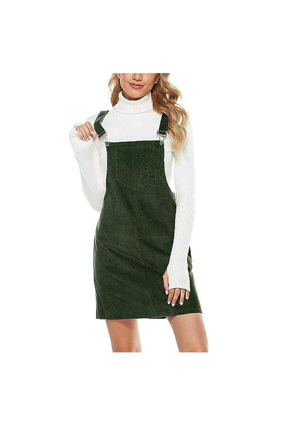 Women's Cute Corduroy Overall Bib Dress Pinafore Suspender Dress Skirt Jumper Dress with Pockets Green L