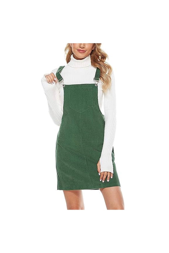 Women's Cute Corduroy Overall Bib Dress Pinafore Suspender Dress Skirt Jumper Dress with Pockets Olive Green L