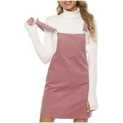 Lovskoo Women's Cute Corduroy Overall Bib Dress Pinafore Suspender Dress Skirt Jumper Dress with Pockets Pink L