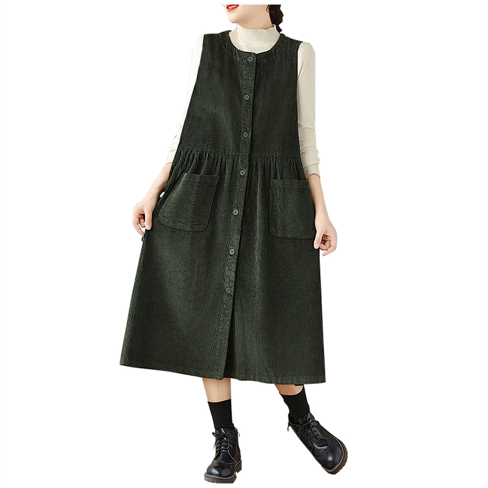 Lovskoo Women's Cute Sleeveless Corduroy Overall Dress Jumper Midi Babydoll  Tank Dress with Pocket Olive Green - Walmart.com