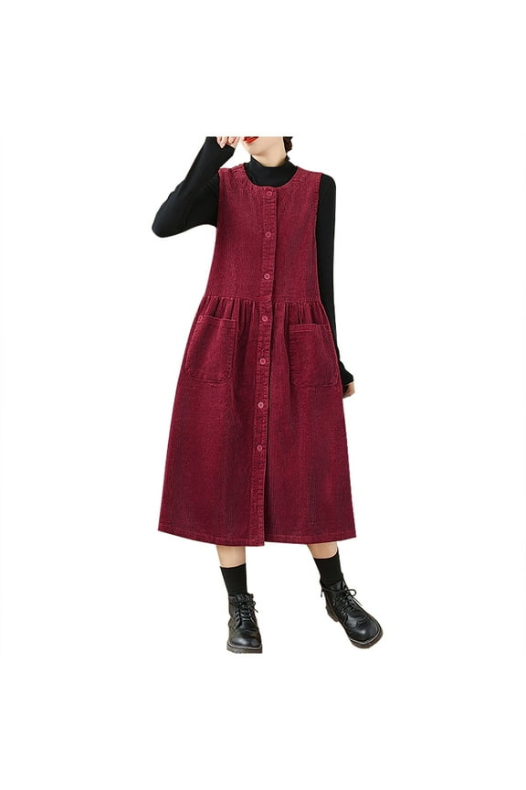 Women's Cute Sleeveless Corduroy Overall Dress Jumper Midi Babydoll Tank Dress with Pocket Red