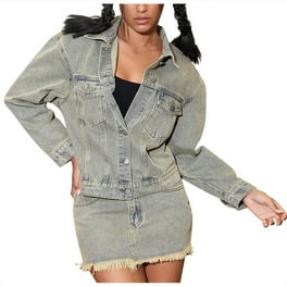 Lovskoo 2024 Women s Cropped Denim Jacket Trucker Coats Patchwork Leopard Print Dark Washed Distressed Ripped Jean Jackets Black Walmart