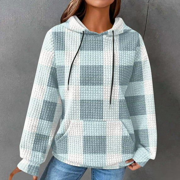 Lovskoo Women's Drawstring Sweatshirt Plaid Printed Long Sleeve Hooded Pullover Tops with Pockets Light Blue
