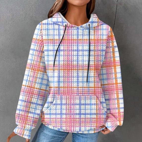Lovskoo Women's Drawstring Sweatshirt Plaid Printed Long Sleeve Hooded Pullover Tops with Pockets Sky Blue