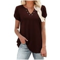 thumbnail image 1 of Lovskoo Women's Dressy Casual Tops Button Up Shirts Solid Color V Neck Petal Short Sleeve Shirts 2024 Summer Tops Tunic Casual T-Shirts Burgundy L, 1 of 7