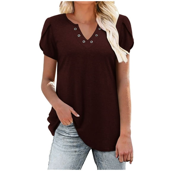 Lovskoo Women's Dressy Casual Tops Button Up Shirts Solid Color V Neck Petal Short Sleeve Shirts 2024 Summer Tops Tunic Casual T-Shirts Burgundy M