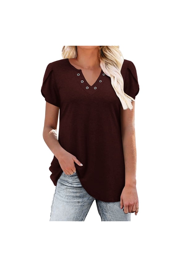Women's Dressy Casual Tops Button Up Shirts Solid Color V Neck Petal Short Sleeve Shirts 2024 Summer Tops Tunic Casual T-Shirts Burgundy M