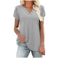 thumbnail image 1 of Lovskoo Women's Dressy Casual Tops Button Up Shirts Solid Color V Neck Petal Short Sleeve Shirts 2024 Summer Tops Tunic Casual T-Shirts Gray S, 1 of 7