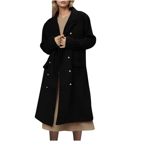 Lovskoo Women's Elegant Notched Lapel Collar Double Breasted Pea Coat Wool Blend Over Coat Long Jackets Black
