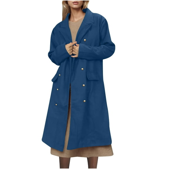Lovskoo Women's Elegant Notched Lapel Collar Double Breasted Pea Coat Wool Blend Over Coat Long Jackets Blue