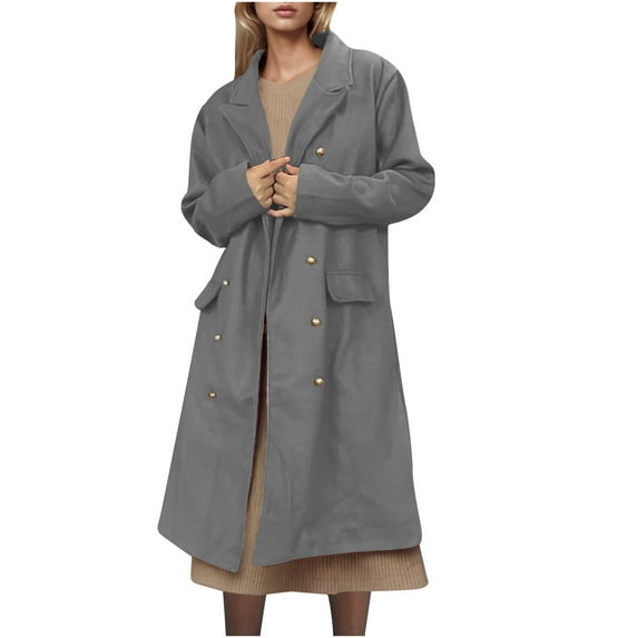 Lovskoo Women's Elegant Notched Lapel Collar Double Breasted Pea Coat Wool Blend Over Coat Long Jackets Gray