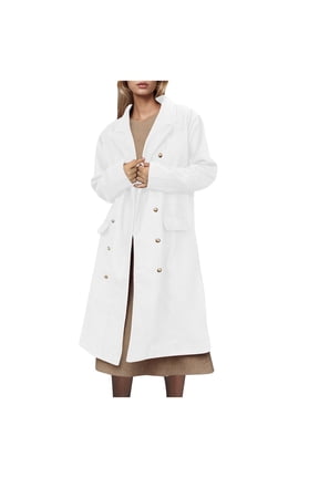 Women's Elegant Notched Lapel Collar Double Breasted Pea Coat Wool Blend Over Coat Long Jackets White