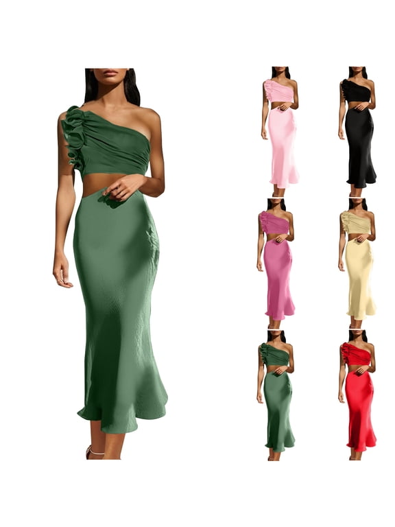 Women's Elegant Ruched Maxi Dress One Shoulder Crop Top And High Waist Maxi Skirt 2 Pieces Sets for Party Holiday Bridesmaid Black
