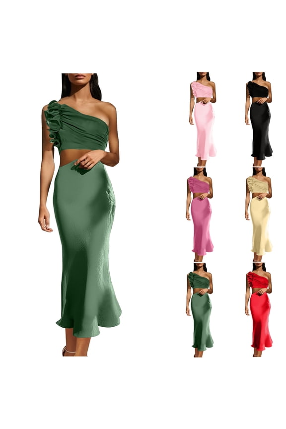 Women's Elegant Ruched Maxi Dress One Shoulder Crop Top And High Waist Maxi Skirt 2 Pieces Sets for Party Holiday Bridesmaid Hot Pink