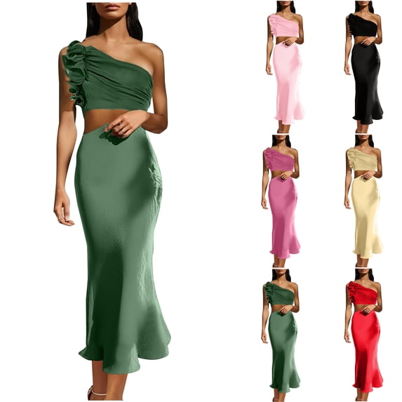 Lovskoo Women's Elegant Ruched Maxi Dress One Shoulder Crop Top And High Waist Maxi Skirt 2 Pieces Sets for Party Holiday Bridesmaid Pink