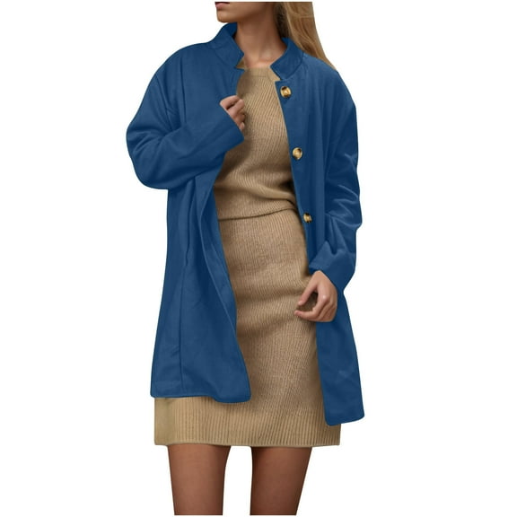 Lovskoo Women's Elegant Stand Collar Button Up Pea Coat Wool Blend Over Coat Solid Color Long Jackets Coffee