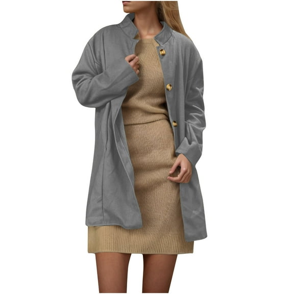 Lovskoo Women's Elegant Stand Collar Button Up Pea Coat Wool Blend Over Coat Solid Color Long Jackets Gray