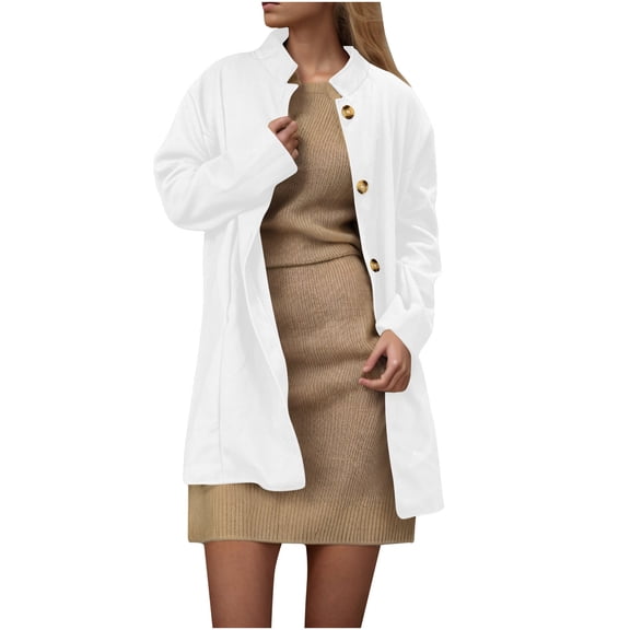 Lovskoo Women's Elegant Stand Collar Button Up Pea Coat Wool Blend Over Coat Solid Color Long Jackets White