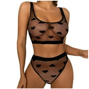 Lovskoo Women's Erotic Two Piece Lingerie Set See-Through Mesh Sleepwear Set Cami Bra and Panty Set Gift for Valentine's Day Black
