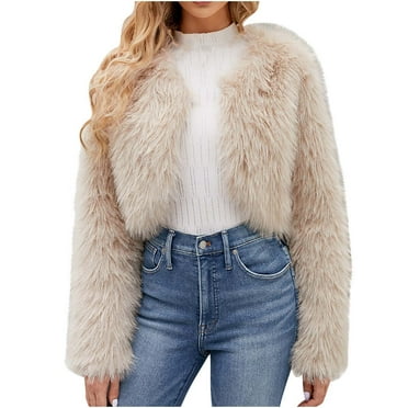 Lovskoo Women's Fashion Cropped Faux Fur Jacket Long Sleeve Open Front Cardigan Casual Fluffy Parka Short Coat Beige