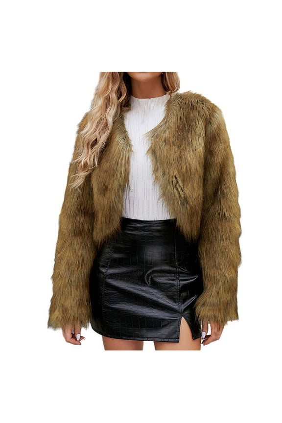 Women's Fashion Cropped Faux Fur Jacket Long Sleeve Open Front Cardigan Casual Fluffy Parka Short Coat Brown