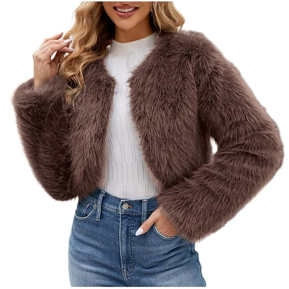 Lovskoo Women's Fashion Cropped Faux Fur Jacket Long Sleeve Open Front Cardigan Casual Fluffy Parka Short Coat Coffee