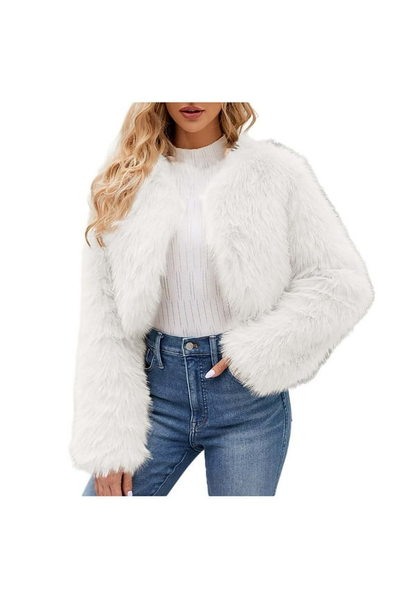 Women's Fashion Cropped Faux Fur Jacket Long Sleeve Open Front Cardigan Casual Fluffy Parka Short Coat White