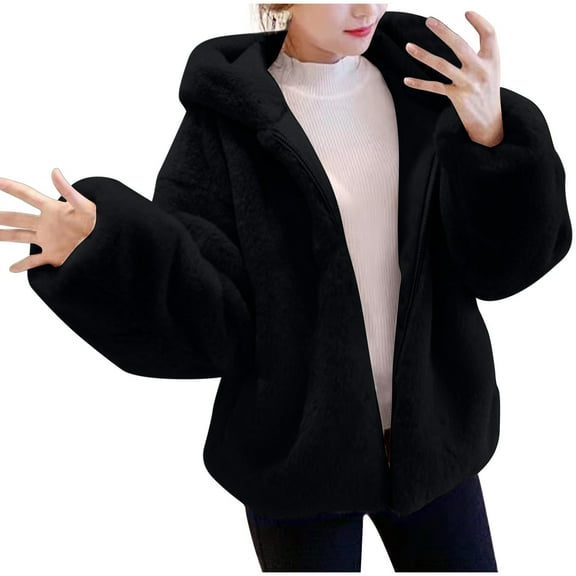 Lovskoo Women's Faux Fur Fleece Coat Spring and Winter Trendy Thick Warm Short Shearling Fuzzy Furry Jacket with Hood Black