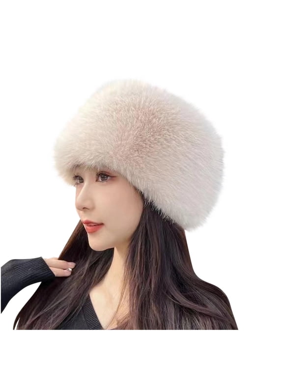 Women's Faux Fur Hat for Winter with Stretch Cossack Russian Style White Warm Cap Christmas Holiday Gift Beige
