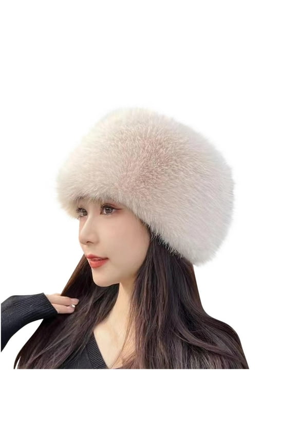 Women's Faux Fur Hat for Winter with Stretch Cossack Russian Style White Warm Cap Christmas Holiday Gift Beige
