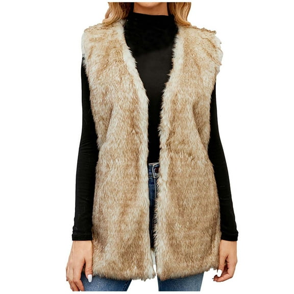 Lovskoo Women's Faux Fur Vest Sleeveless Short Jacket Winter Warm Fur Coat Waistcoat Outerwear for Women And Girls Khaki