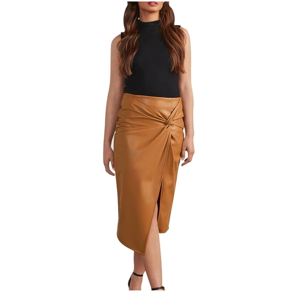 Lovskoo Women's Faux Leather Front Twist Knot Midi Skirt High Waist Long Skirt with Slit Beige