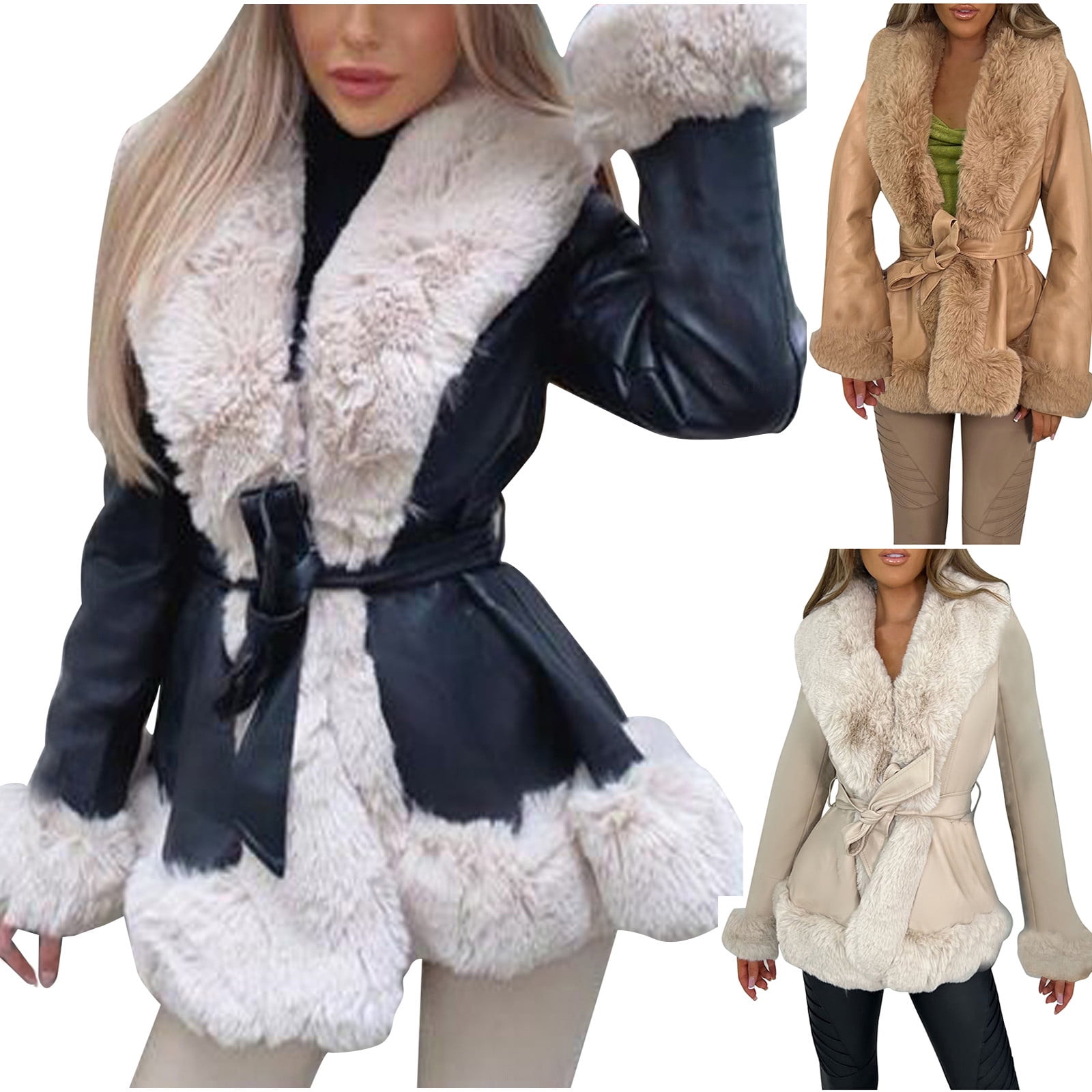 beige faux leather jacket faux fur tie waist coat