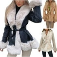 thumbnail image 1 of Lovskoo Women's Faux Leather Jacket with Faux Fur Hem Long Sleeve Thick Warm Parka with Pockets Warm Winter Coat with Belt Beige, 1 of 6