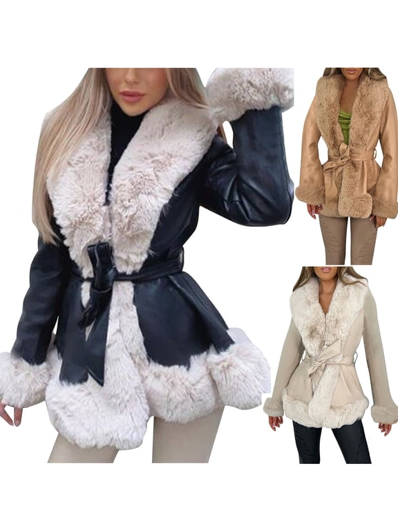 Women's Faux Leather Jacket with Faux Fur Hem Long Sleeve Thick Warm Parka with Pockets Warm Winter Coat with Belt Beige
