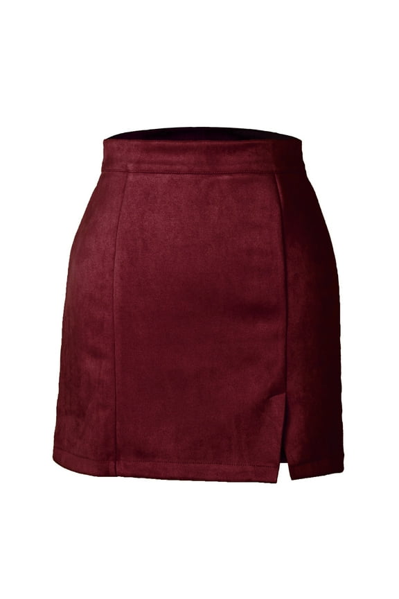 Women's Faux Suede Mini Skirt with Slit High Waisted Zipper Back Pencil Bodycon Short Skirts Claret