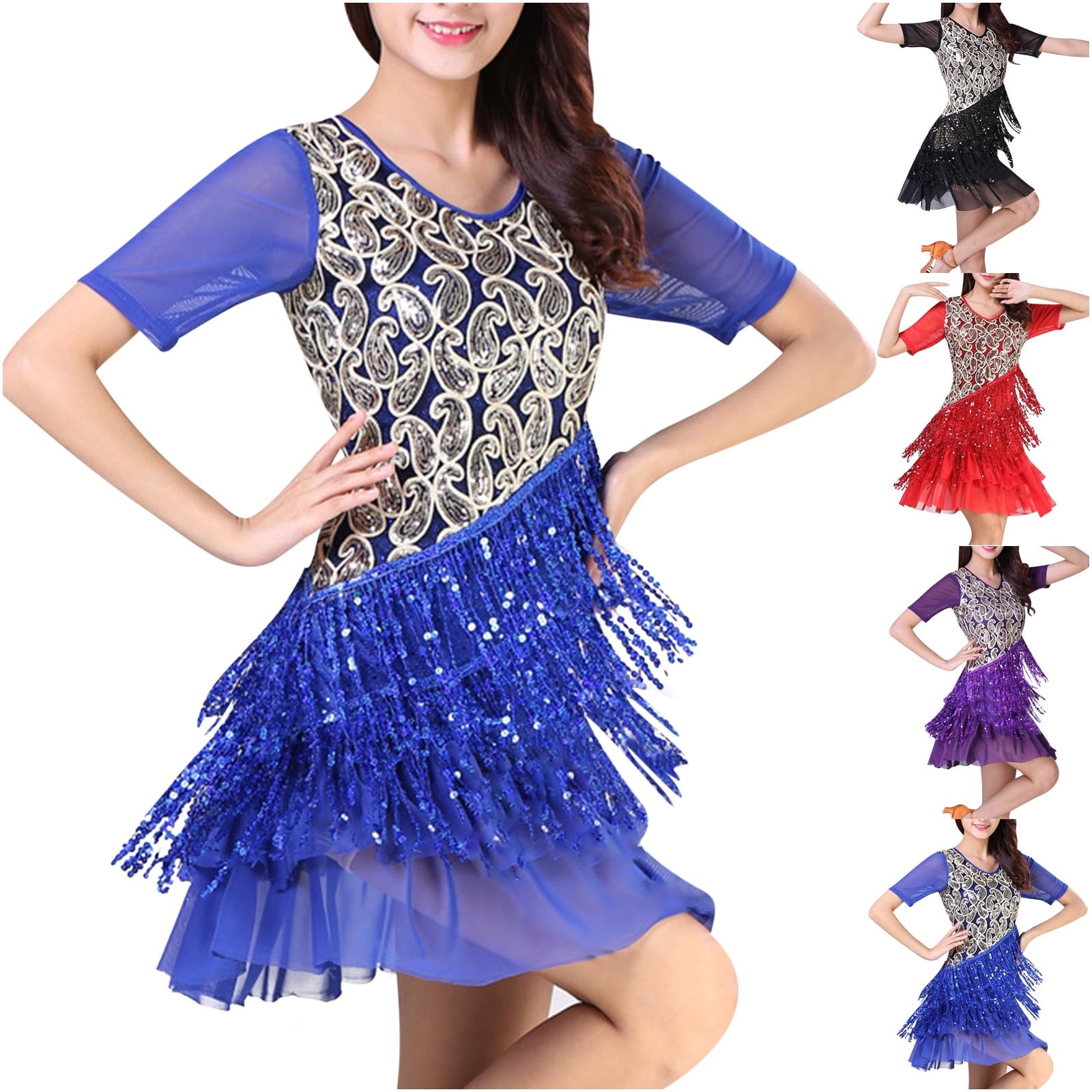 Vxuxlje Women's 1920s Latin Dance Dress - Tassel Fringe Sequin Salsa Tango Cha Cha Ballroom Performance Costume
