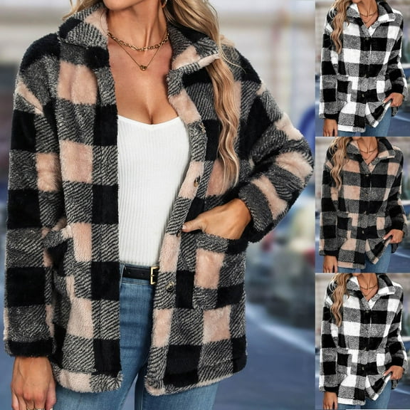 Lovskoo Women's Fleece Jacket Winter Trendy Loose Plaid Lapel Flannel Top Black