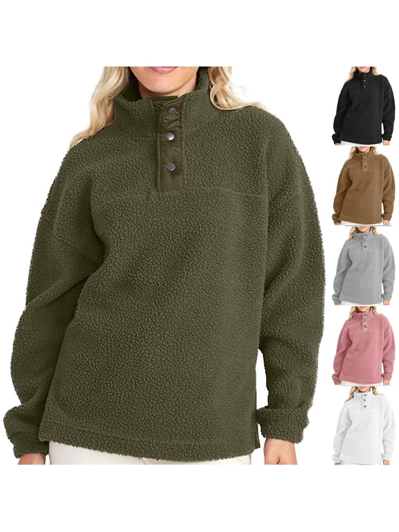 Women's Fleece Sweatshirt Button Front Long Sleeve Solid Color Stand Collar Zipper Faux Shearling Pullover Tops Sweatshirt Gray