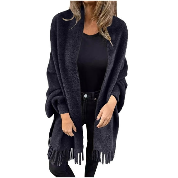 Lovskoo Women's Fleece Tassel Shawl Coat Long Sleeve Casual Open Front Sweater Cardigan Long Sleeve Outwear Black