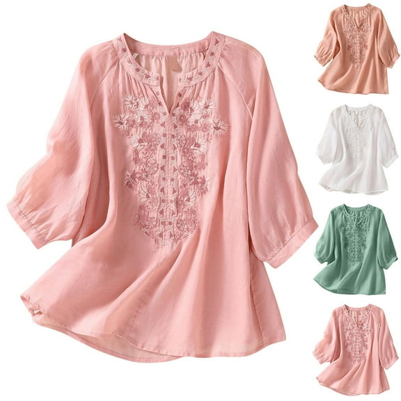 Lovskoo Women's Floral Print Linen Shirts Half Sleeve V-Neck Embroidered Solid Color Top Pink