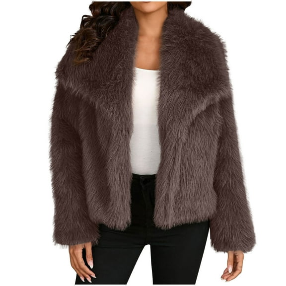 Lovskoo Women's Fluffy Faux Fur Coat Outwear Parka Coat Lapel Winter Warm Jackets with Long Sleeve Cardigan Jacket Khaki