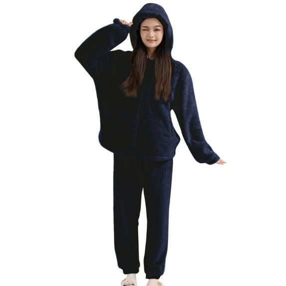 Lovskoo Women's Fluffy Pajamas Set Fleece Full Zip Hooded Pullover Pants Loose Plush Sleepwear 2 Piece Pjs Set Warm Loungewear Fuzzy Black
