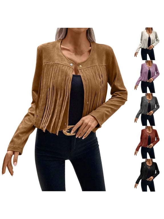 Women's Fringe Faux Suede Jacket Long Sleeve Tassel Open Front 70S Hippie Coat Cardigan Coffee