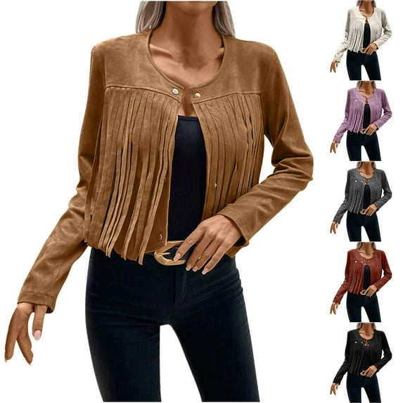 Lovskoo Women's Fringe Faux Suede Jacket Long Sleeve Tassel Open Front 70S Hippie Coat Cardigan White
