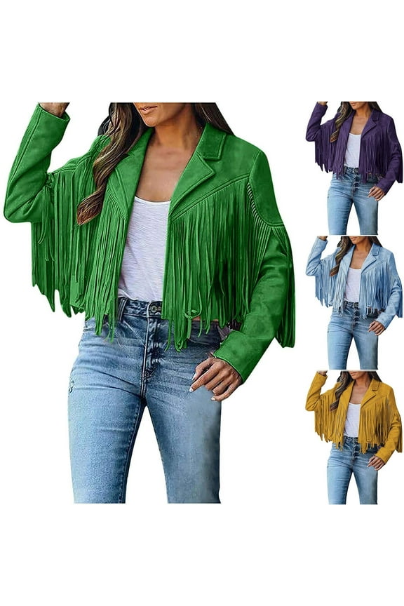 Women's Fringe Faux Suede Leather Jackets 2023 Trendy Tassel Motorcycle Cropped Coats Light Blue
