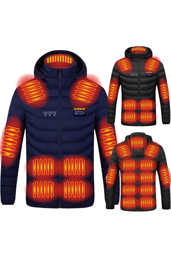 Women's and Men's Heated Jacket with 21 Heating Zones Long Sleeve Love Printed Hooded Casual Outwear Tops Pockets Zipper Coat Quilted Jacket Black