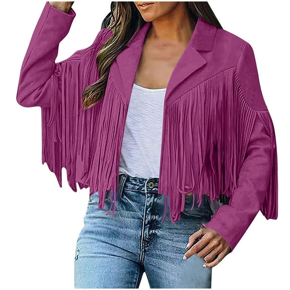 Lovskoo Women's Fringe Faux Suede Leather Jackets 2025 Fashion Tassel Motorcycle Long Sleeve Cropped Cardigan Coat Purple