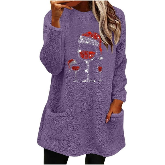 Lovskoo Women's Fuzzy Fleece Pullover Tops Round Neck Long Sleeve Pocket Printed Winter Thick Warm Plush Top Purple
